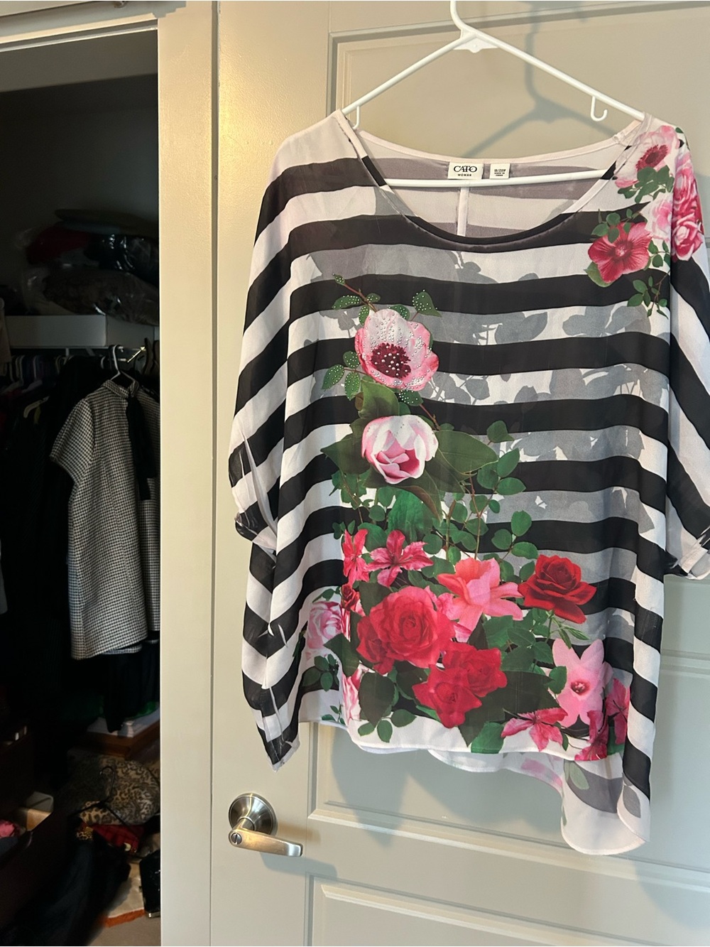Cato Black & White Striped Sheer Blouse with Red & Pink Floral Print